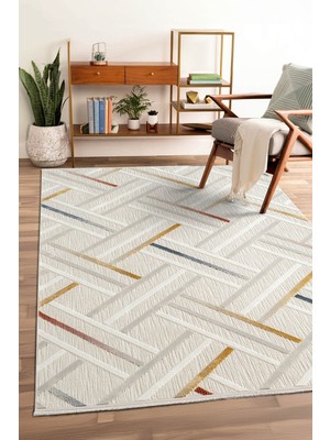 Cotto Home Tablo TL003A Krem Halı Çizgili Desen Pamuk Taban Yıkanabilir Salon Halısı Yatak Odası