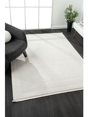 Scala SC001A Beyaz Halı Klasik Desenli Tozu Az Akrilik Salon Halısı Yatak Odası Mutfak Koridor