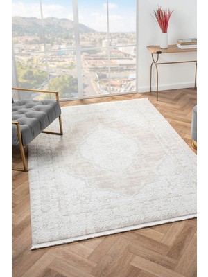 Cotto Home Vista VS002A Beyaz Halı Klasik Desen Pamuk Taban Yıkanabilir Salon Halısı Yatak Odası