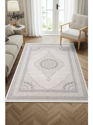 Cotto Home Feel FL008A Krem Halı Klasik Desen Akrilik Tozu Az Pamuk Taban Salon Halısı Yatak Odası Koridor