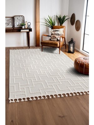 Cotto Home Effect EF002A Beyaz Halı Geometrik Desenli Jüt Taban Salon Halısı Yatak Odası Koridor