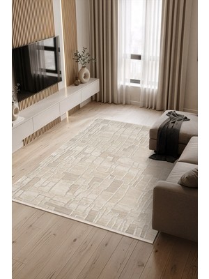 Cotto Home Stena SA002A Bej Halı Modern Çizgili Desen Pamuk Taban Salon Halısı Yatak Odası Koridor