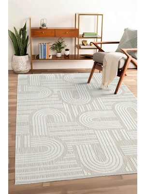 Cotto Home Tablo TL005A Krem Halı Geometrik Desen Pamuk Taban Yıkanabilir Salon Halısı Yatak Odası