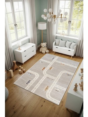 Cotto Home Cotto Kids CK003G Gri Halı Araba ve Yol Desenli Kaymaz Taban Yumuşak Yıkanabilir Çocuk Odası Halısı