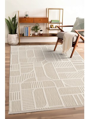 Cotto Home Tablo TL008A Beyaz Halı Geometrik Desen Antialerjik Pamuk Taban Yıkanabilir Salon Halısı Yatak Odası