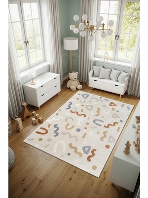 Cotto Home Cotto Kids CK004R Krem Halı Renkli Şekil Desenli Kaymaz Taban Yumuşak Yıkanabilir Çocuk Odası Halısı