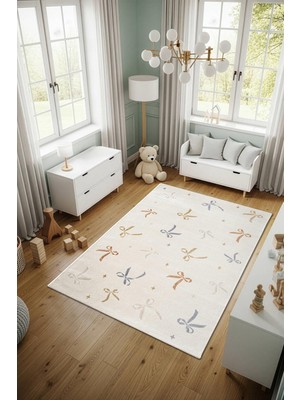 Cotto Home Cotto Kids CK002R Krem Halı Renkli Fiyonk Desen Kaymaz Taban Yumuşak Yıkanabilir Çocuk Odası Halısı