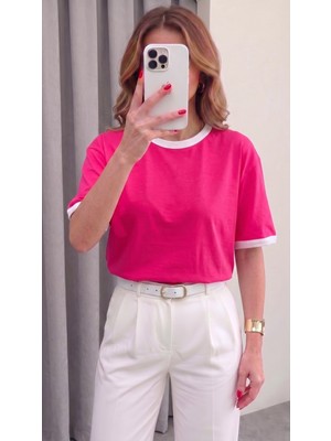 Teenage Millionaire Kadın Fuşya Beyaz Biye Garnili Orta Kalın Soft Kumaş Bisiklet Yaka Yarım Oversize Salaş T-Shirt