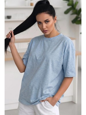 Teenage Millionaire Kadın Melanj Mavi Basic Düz Baskısız Oversize Salas T-Shirt