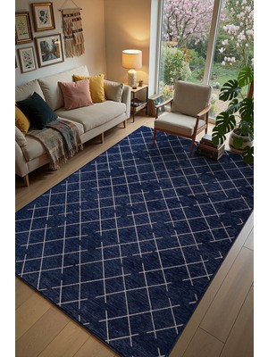 Cotto Home Malta MLT01N Lacivert Dekoratif Şönil Kilim Geometrik Desen Yıkanabilir Yumuşak Kaymaz Taban Halı
