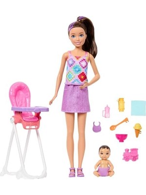 Canarino Bebek Bakıcısı Skipper Oyun Seti, Kahverengi Saçlı Yetişkin ve Küçük Bebek, Mama Sandalyesi ve Yiyecek Dahil 8 Aksesuar, JJB44