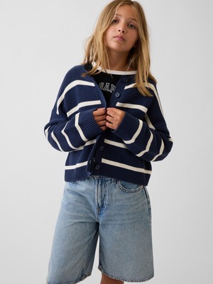 Gap Kız Çocuk Lacivert %100 Pamuk Oversized Boxy Triko Hırka