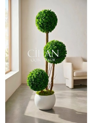 Cihan Çiçekçilik Yapay 3'lü Şimşir Top Ağacı 150 cm (35 cm Çap) Uv Dayanımlı 27X33 Beyaz Küre Saksı