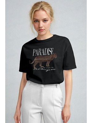 Millionaire Kadın Siyah Paradise Leopar Kadın Kısa Kol Relax Fit Rahat Kesim Regular T-Shirt
