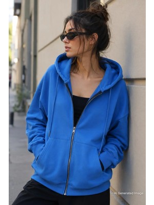 Madmext Mavi Kapüşonlu Basic Sweatshirt MG1900