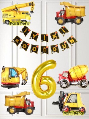 Parti Pera 6 Rakam Gold Balon inşaat Temalı Doğum Günü Balon Seti Inşaat Araçları Folyo Balon Seti