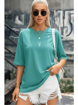 Teenage Millionaire Kadın Turkuaz Geyik Oversize Salas Boyfriend T-Shirt