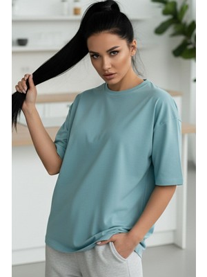 Teenage Millionaire Kadın Turkuaz Basic Düz Baskısız Oversize Salas T-Shirt