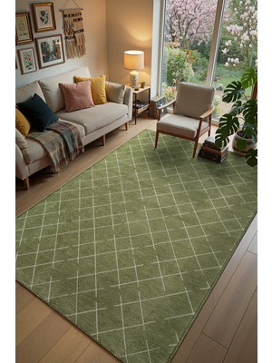 Cotto Home Malta MLT01Y Yeşil Dekoratif Şönil Kilim Geometrik Desen Yıkanabilir Yumuşak Kaymaz Taban Halı