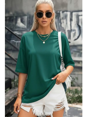 Teenage Millionaire Kadın Zümrüt Yeşili Basic Düz Baskısız Oversize Salas T-Shirt