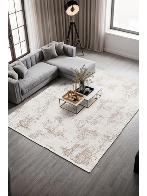 Cotto Home Soıl CT010A Beyaz Halı Kahverengi Detaylı Ince Akrilik Tozuaz Salon Halısı Yatak Odası Koridor