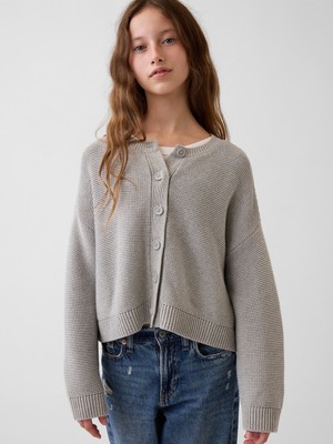 Gap Kız Çocuk Açık Gri %100 Pamuk Oversized Boxy Triko Hırka
