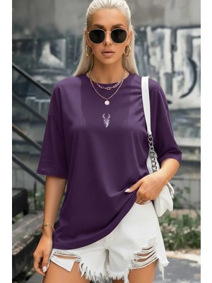 Teenage Millionaire Kadın Mor Geyik Oversize Salas Boyfriend T-Shirt