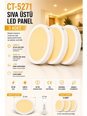 Yenilig 3 Adet CT-5271 Sıva Üstü LED Panel 25W Işık Beyaz Kasa – 21 cm Çap
