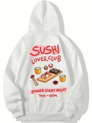 Brz Collection Unisex Oversize Sushi Lover Club Hoodıe (Beyaz)