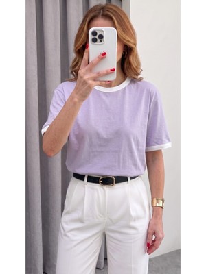 Teenage Millionaire Kadın Lila Beyaz Biye Garnili Orta Kalın Soft Kumaş Bisiklet Yaka Yarım Oversize Salaş T-Shirt