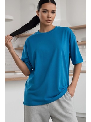 Teenage Millionaire Kadın Mavi Basic Düz Baskısız Oversize Salas T-Shirt