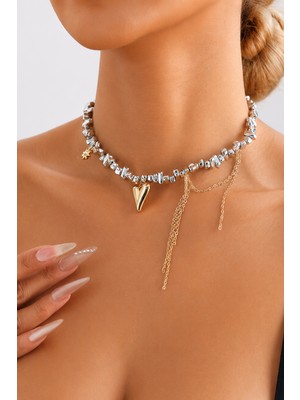 Trend Collection Kadın Gümüş Gold Detaylı Kolye Zincir Sallantılı Modern Tasarım