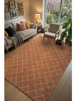 Cotto Home Malta MLT01T Turuncu Dekoratif Şönil Kilim Geometrik Desen Yıkanabilir Yumuşak Kaymaz Taban Halı
