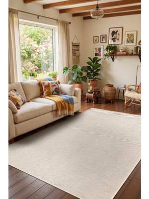 Cotto Home Valerıa VLR01W Krem Beyaz Dekoratif Şönil Kilim Modern Desen Yıkanabilir Yumuşak Kaymaz Taban Halı