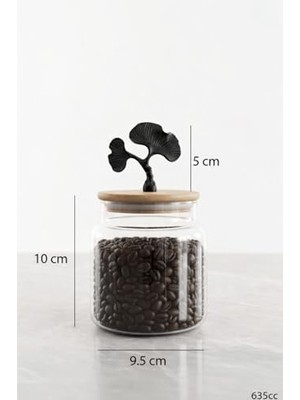 Canarino Mat Siyah Ginkgo Figürlü 3’lü Cam Kavanoz Seti – Bambu Kapaklı 635 cc Saklama Kabı