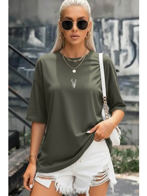 Teenage Millionaire Kadın Haki Yeşil Geyik Oversize Salas Boyfriend T-Shirt