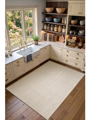 Cotto Home Seria SRA01W Krem Dekoratif Şönil Kilim Çizgili Desen Yıkanabilir Yumuşak Kaymaz Taban Halı Yolluk