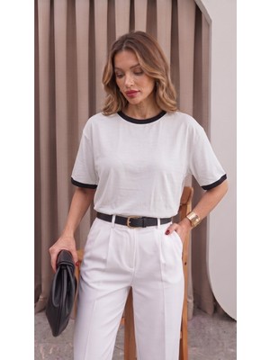 Teenage Millionaire Kadın Taş Siyah Biye Garnili Orta Kalın Soft Kumaş Bisiklet Yaka Yarım Oversize Salaş T-Shirt