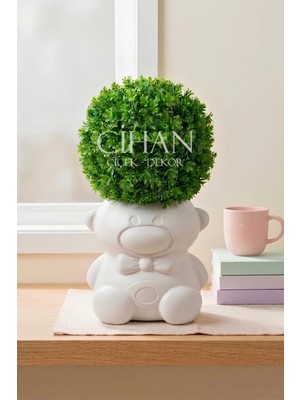 Cihan Çiçekçilik Sevimli Ayıcık Figürlü Saksıda Yapay U.v. Dayanıklı Top Şimşir Ağacı 60 cm (Şimşir Çapı 35 Cm)