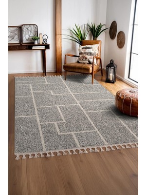 Cotto Home Effect EF008A Antrasit Halı Geometrik Jüt Taban Salon Yatak Odası Mutfak Koridor Halısı