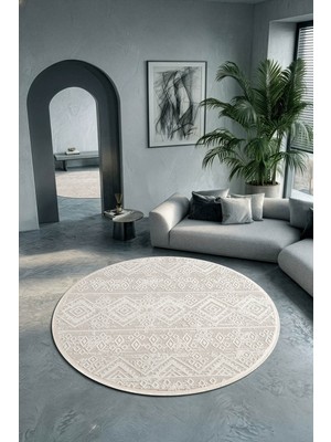 Cotto Home Cotto Motto TT008W Yuvarlak Krem Beyaz Halı Geometrik Desen Pamuk Taban Yıkanabilir Salon Mutfak