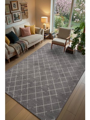 Cotto Home Malta MLT01Z Antrasit Dekoratif Şönil Kilim Geometrik Desen Yıkanabilir Yumuşak Kaymaz Taban Halı