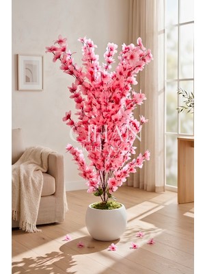 Cihan Çiçekçilik Yapay Pembe Sakura Kiraz Çiçeği Ağacı 120 cm - Küre Plastik Saksılı 27X33 cm Saksı