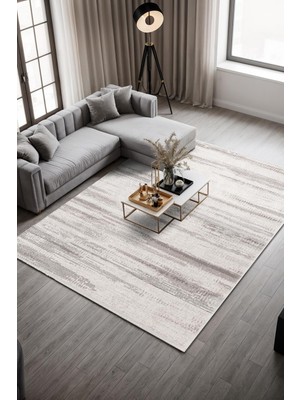 Cotto Home Tone CT001A Krem Rengi Halı Gri ve Bej Detaylı Akrilik Yumuşak Salon Halısı