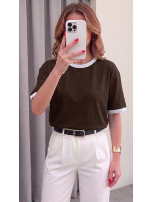 Teenage Millionaire Kadın Kahverengi Beyaz Biye Garnili Orta Kalın Soft Kumaş Bisiklet Yaka Yarım Oversize Salaş T-Shirt