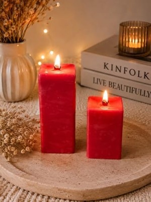 Canarino Sandal Ağacı Kokulu Dekoratif Mum Seti 2’li, Pembe Blok Mum, Ahşap Fitilli, 12 x 5 x 4 cm & 7 x 5 x 4 Cm, Ev Dekorasyonu ve Hediye