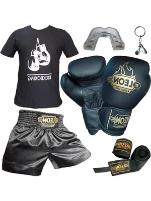 Odea Boks Eldiveni, Leon Kick Boks Şortu, Tişört, Bandaj, Dişlik Seti Siyah (Siyah, Xl)