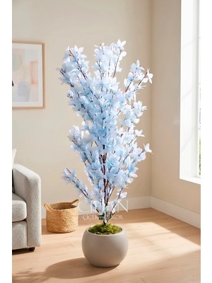 Cihan Çiçekçilik Yapay Açık Mavi Sakura Kiraz Çiçeği Ağacı 120 cm - Küre Plastik Saksılı 27X33 cm Saksı