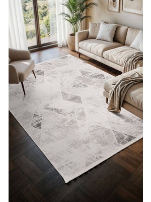Cotto Home Moon MO104G Krem Halı Geometrik Gri Detaylı Akrilik Pamuk Taban Salon Halısı Yatak Odası Koridor