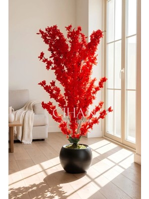 Cihan Çiçekçilik Yapay Kırmızı Sakura Kiraz Çiçeği Ağacı 120 cm - Küre Plastik Saksılı 27X33 cm Saksı